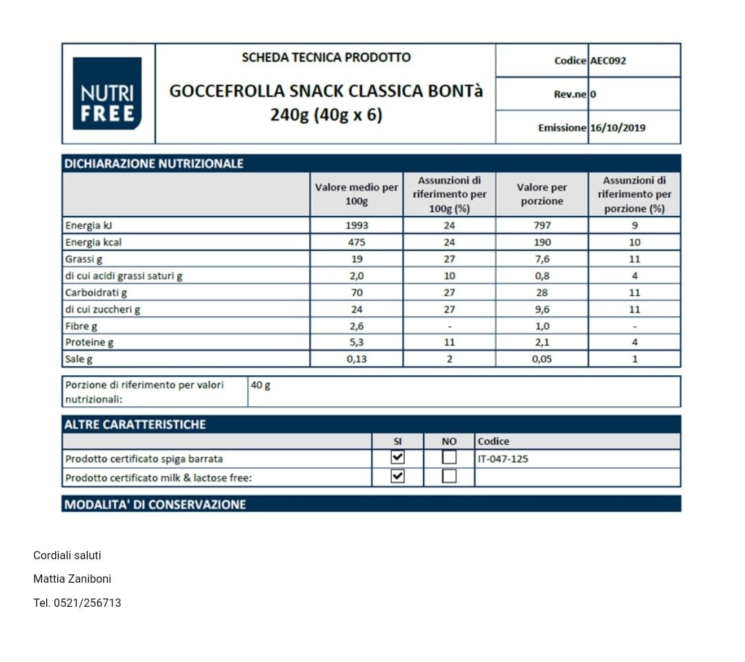GOCCIOLOTTI SNACK SENZA GLUTINE Gr40